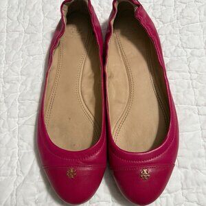 Tory Burch Womens Ballet Flats Size 8 Hot Pink Leather with back stretch